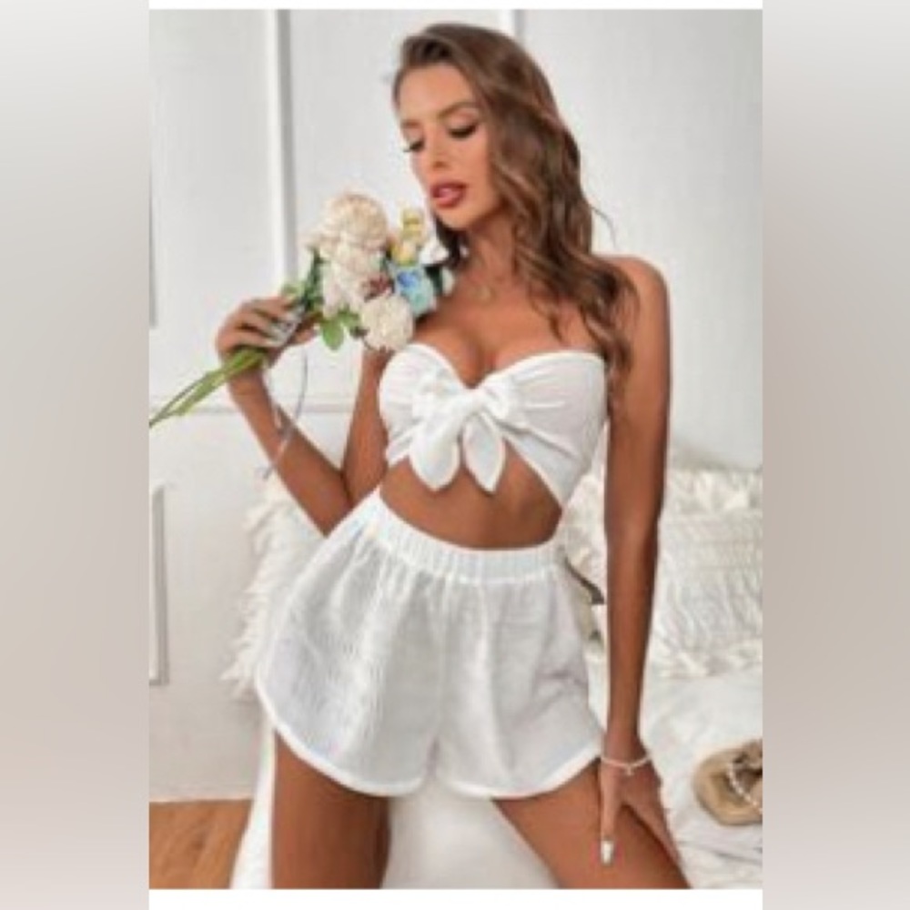 White Bow Tie Crop Top and Shorts Set